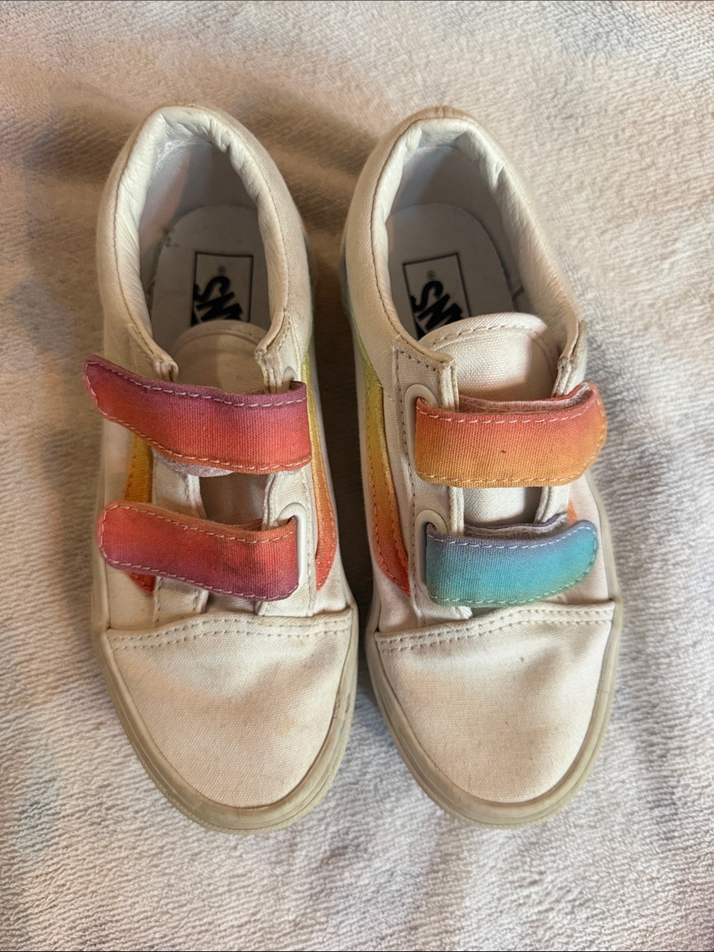 Vans Kids White Canvas Sneakers with Rainbow Velcro Straps